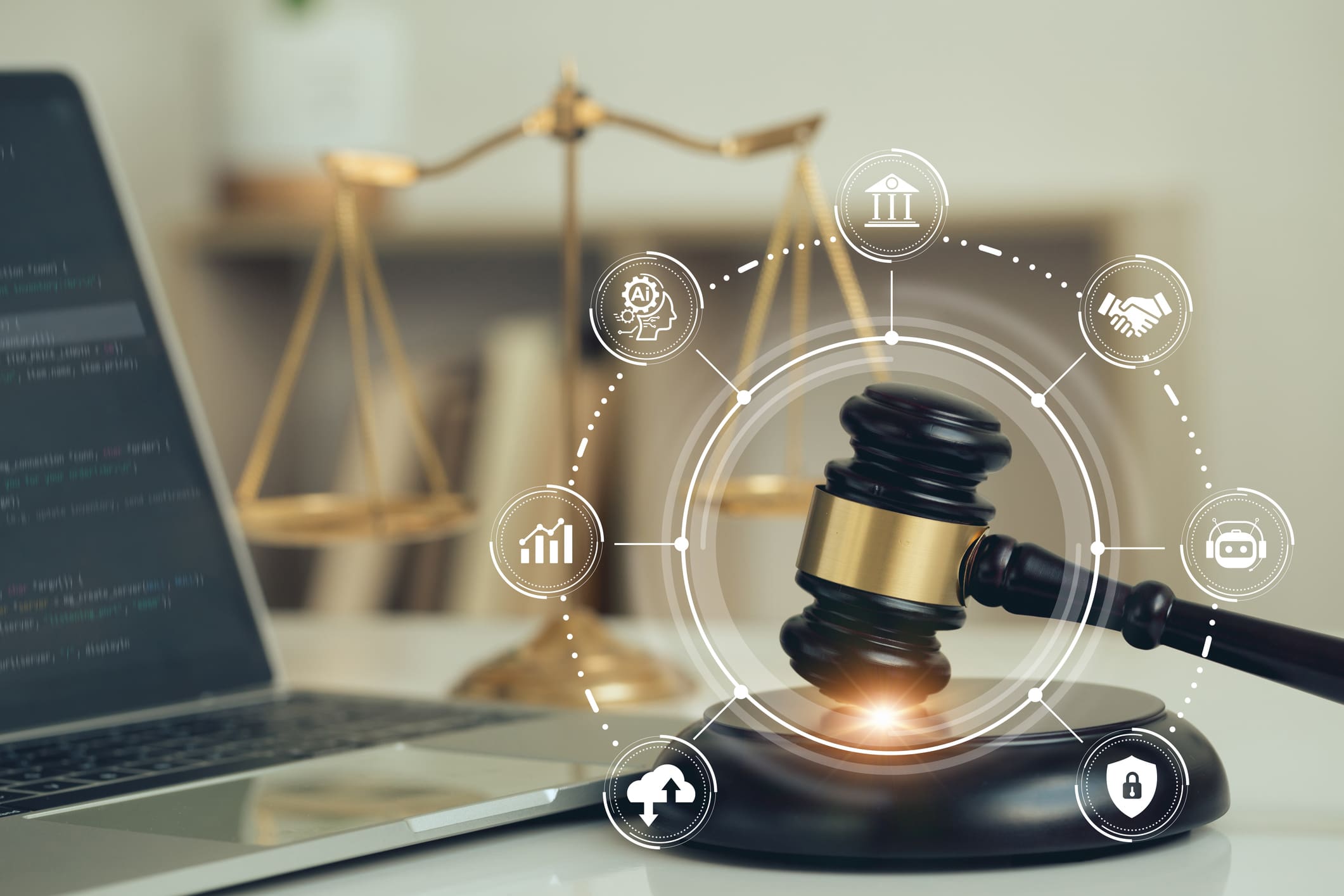 Gavel and laptop with legal icons